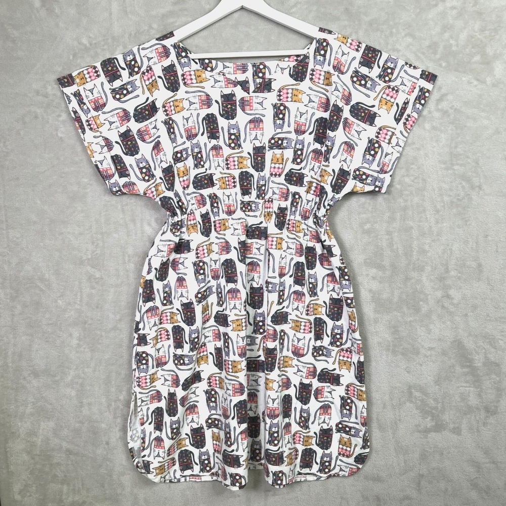 Vintage Handmade‎ 90s Quirky Cat Print Dress M Whimsical Artsy Teacher Style
